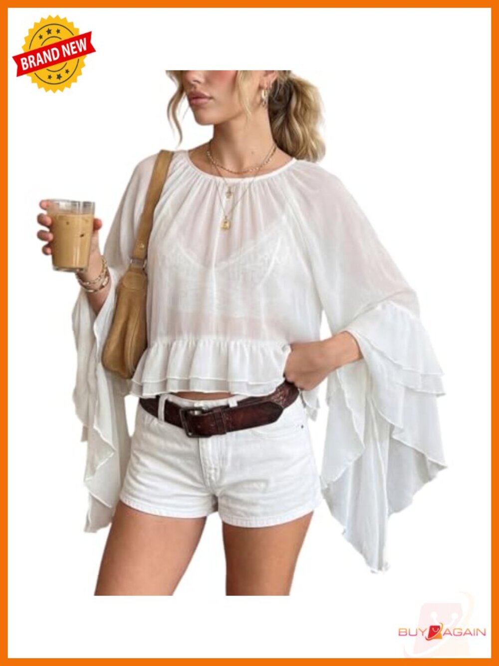 Ruffle Chiffon Bell Sleeve Crop Blouse Sheer Poncho Top